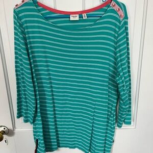 Rafaella Teal and White Striped Long Sleeve Knit Top with Red Trim